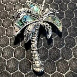 Palm Tree Necklace with Green Abalone Stones 18K White Gold Plated